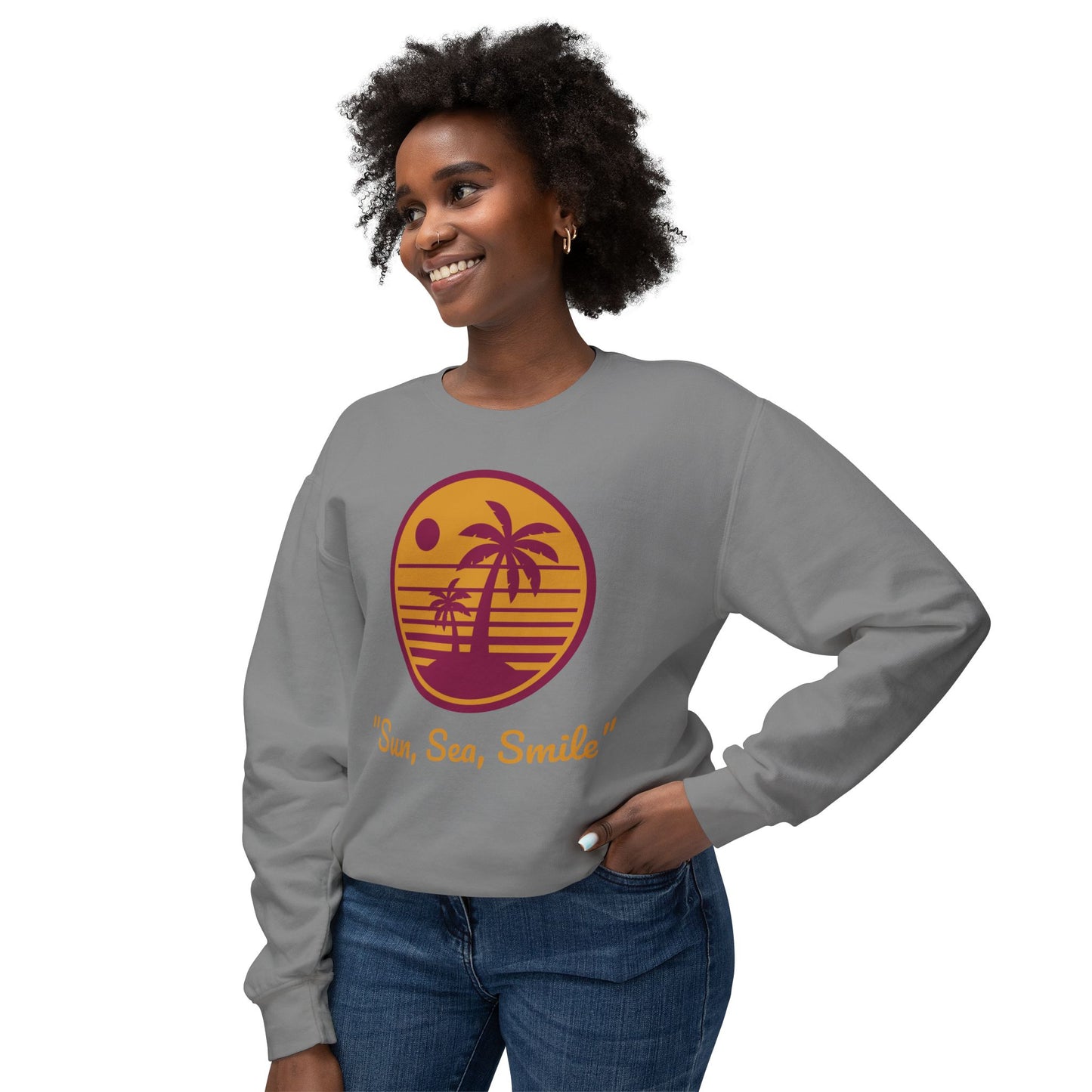 Unisex Lightweight Crewneck Sweatshirt - "Sun, Sea, Smile" Tropical Vibes