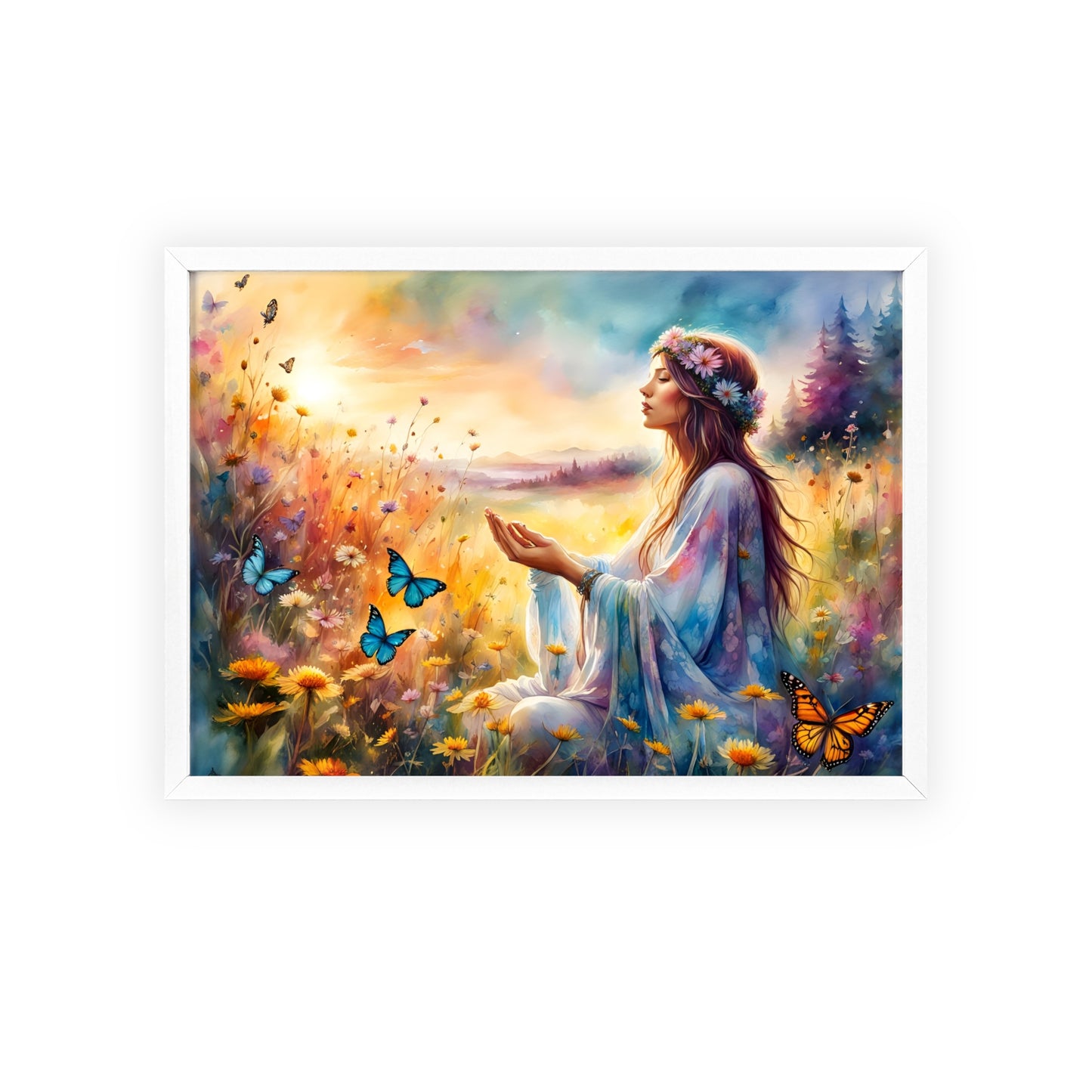 Serene Nature Art with Wooden Frame - Tranquil Floral Scene and Butterflies