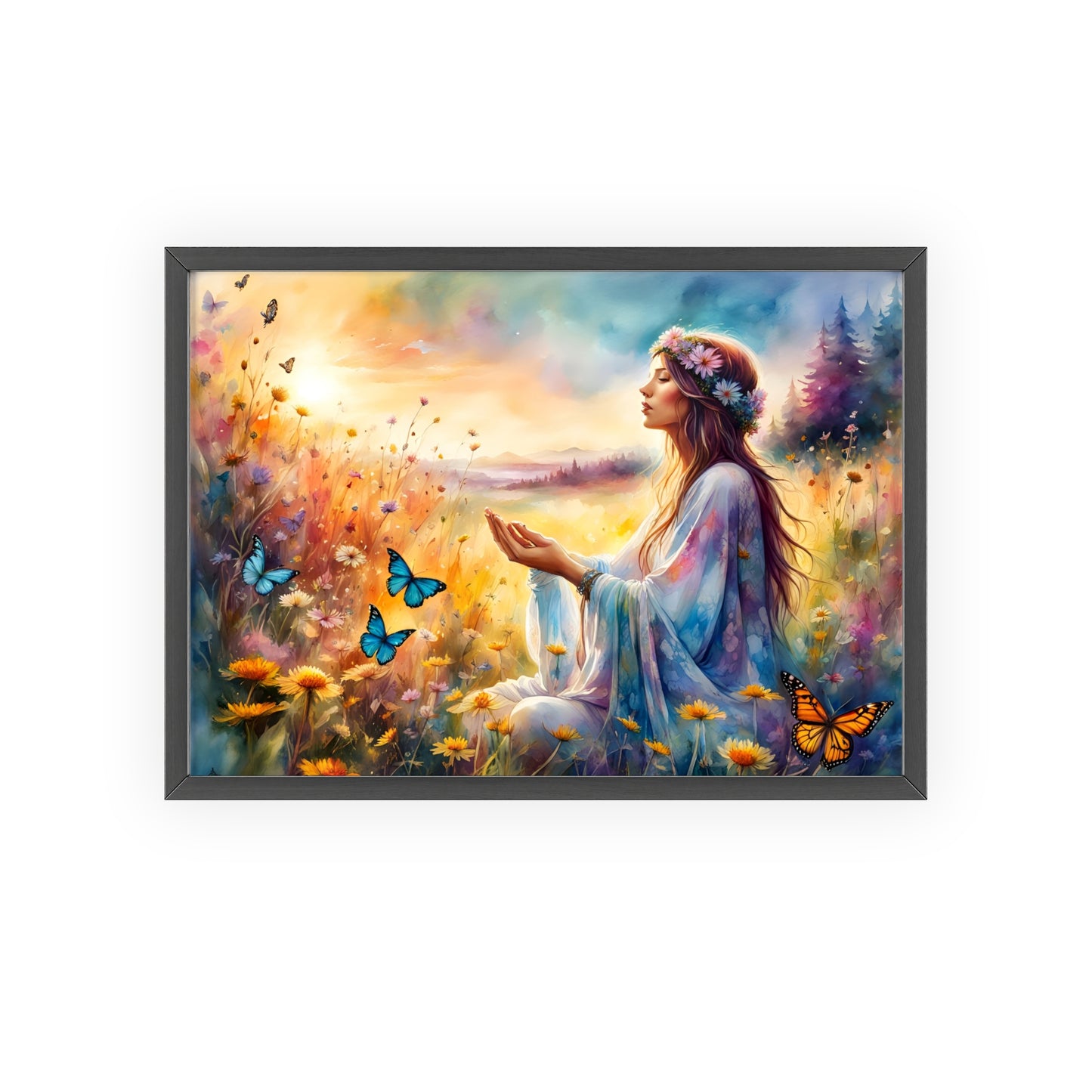 Serene Nature Art with Wooden Frame - Tranquil Floral Scene and Butterflies