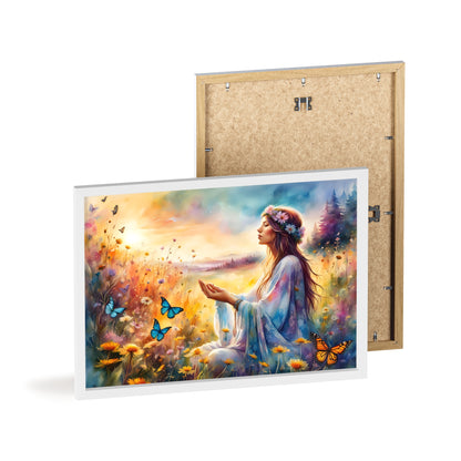 Serene Nature Art with Wooden Frame - Tranquil Floral Scene and Butterflies