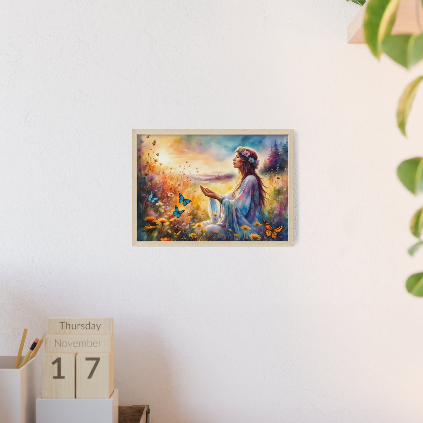 Serene Nature Art with Wooden Frame - Tranquil Floral Scene and Butterflies