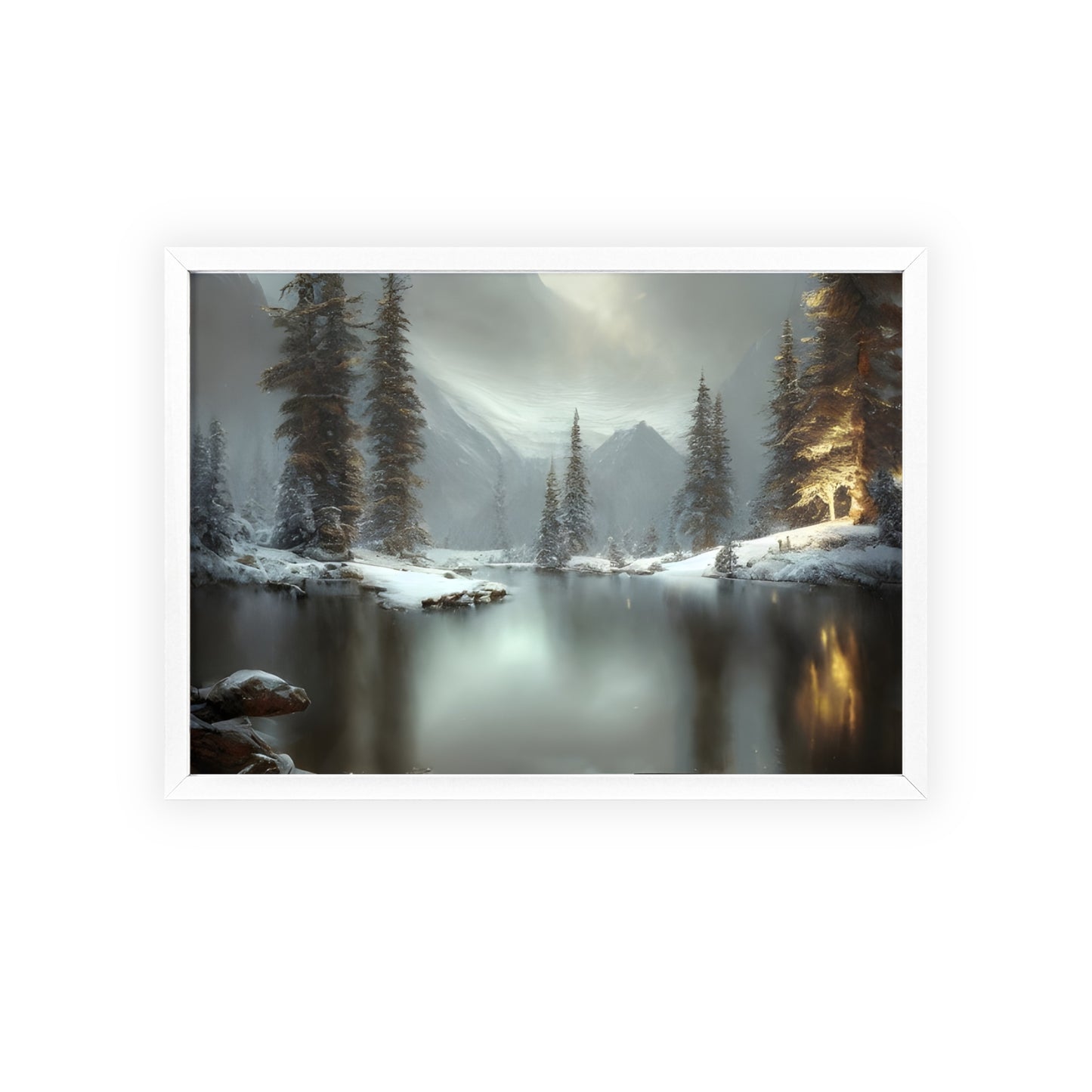 Scenic Winter Landscape Poster with Wooden Frame - Perfect for Cozy Home Decor