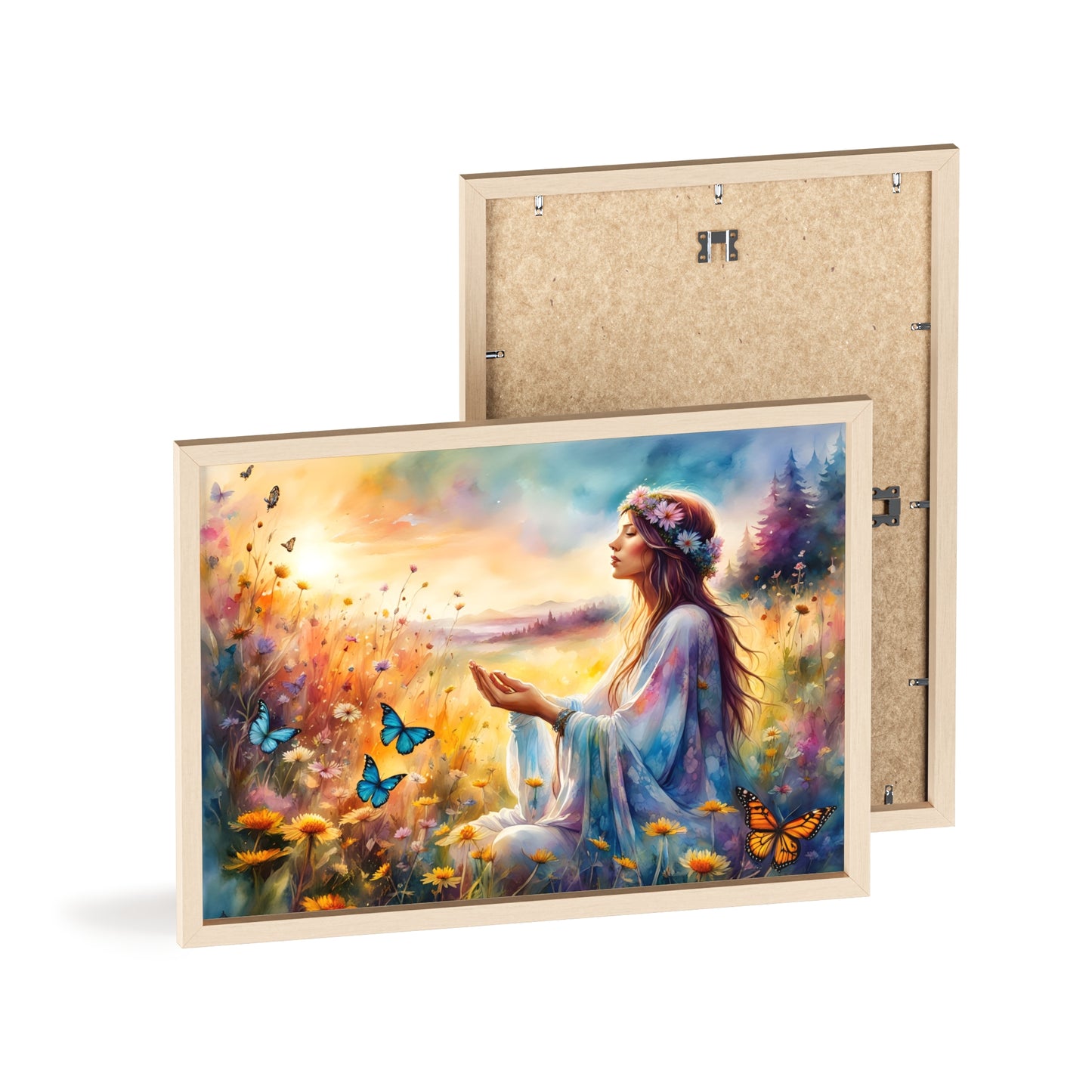 Serene Nature Art with Wooden Frame - Tranquil Floral Scene and Butterflies