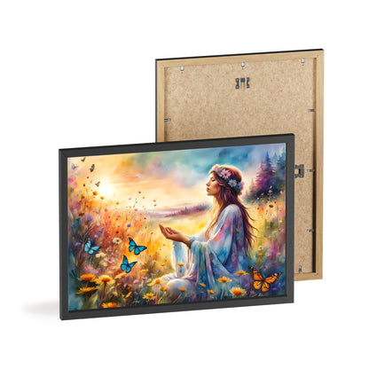 Serene Nature Art with Wooden Frame - Tranquil Floral Scene and Butterflies