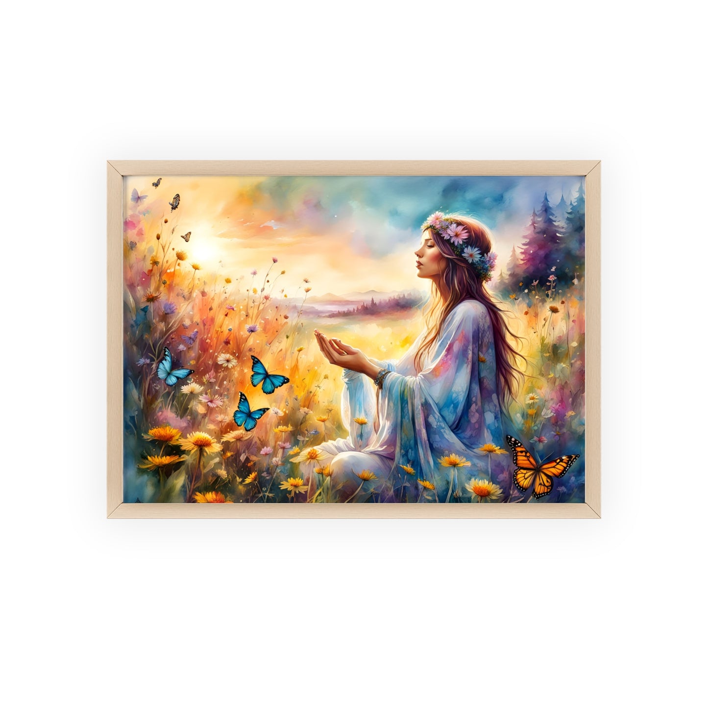 Serene Nature Art with Wooden Frame - Tranquil Floral Scene and Butterflies