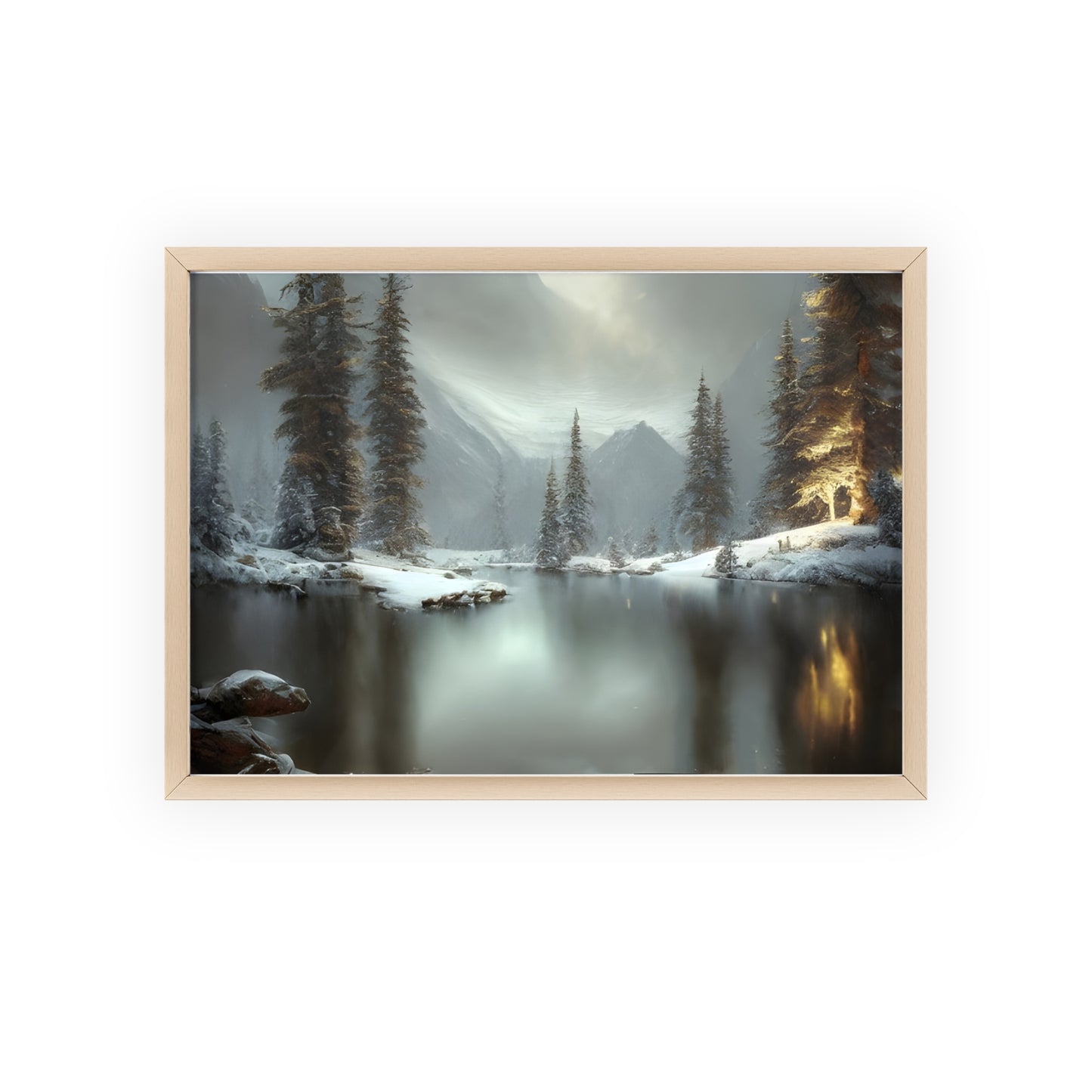 Scenic Winter Landscape Poster with Wooden Frame - Perfect for Cozy Home Decor