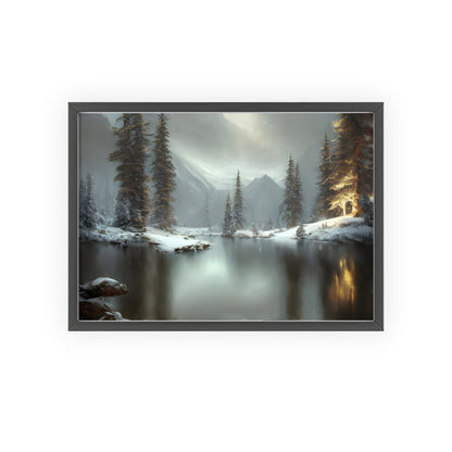 Scenic Winter Landscape Poster with Wooden Frame - Perfect for Cozy Home Decor